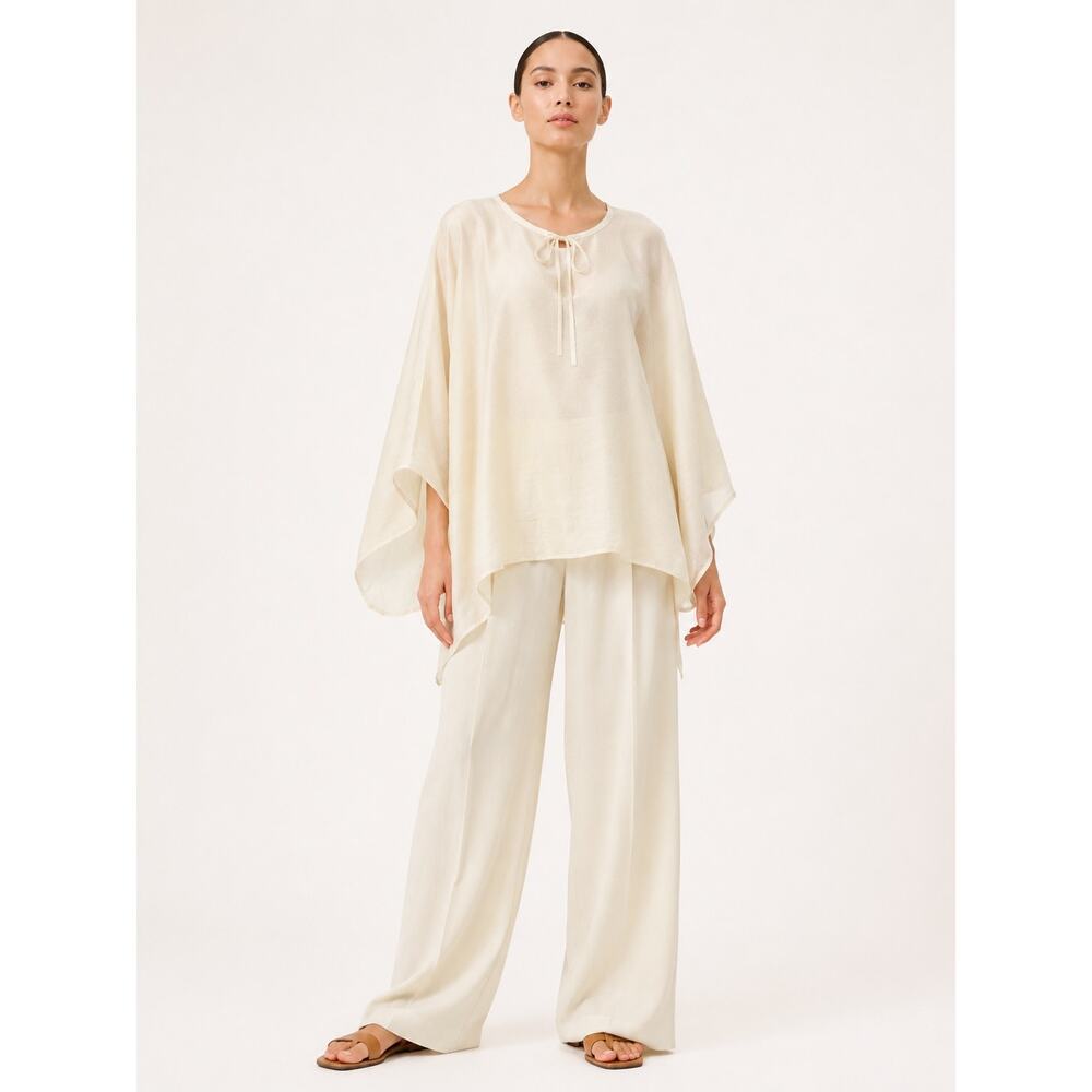 Vintage Raw Silk Ivory Batwing Poncho Top OS Ribbon Tie Artisan